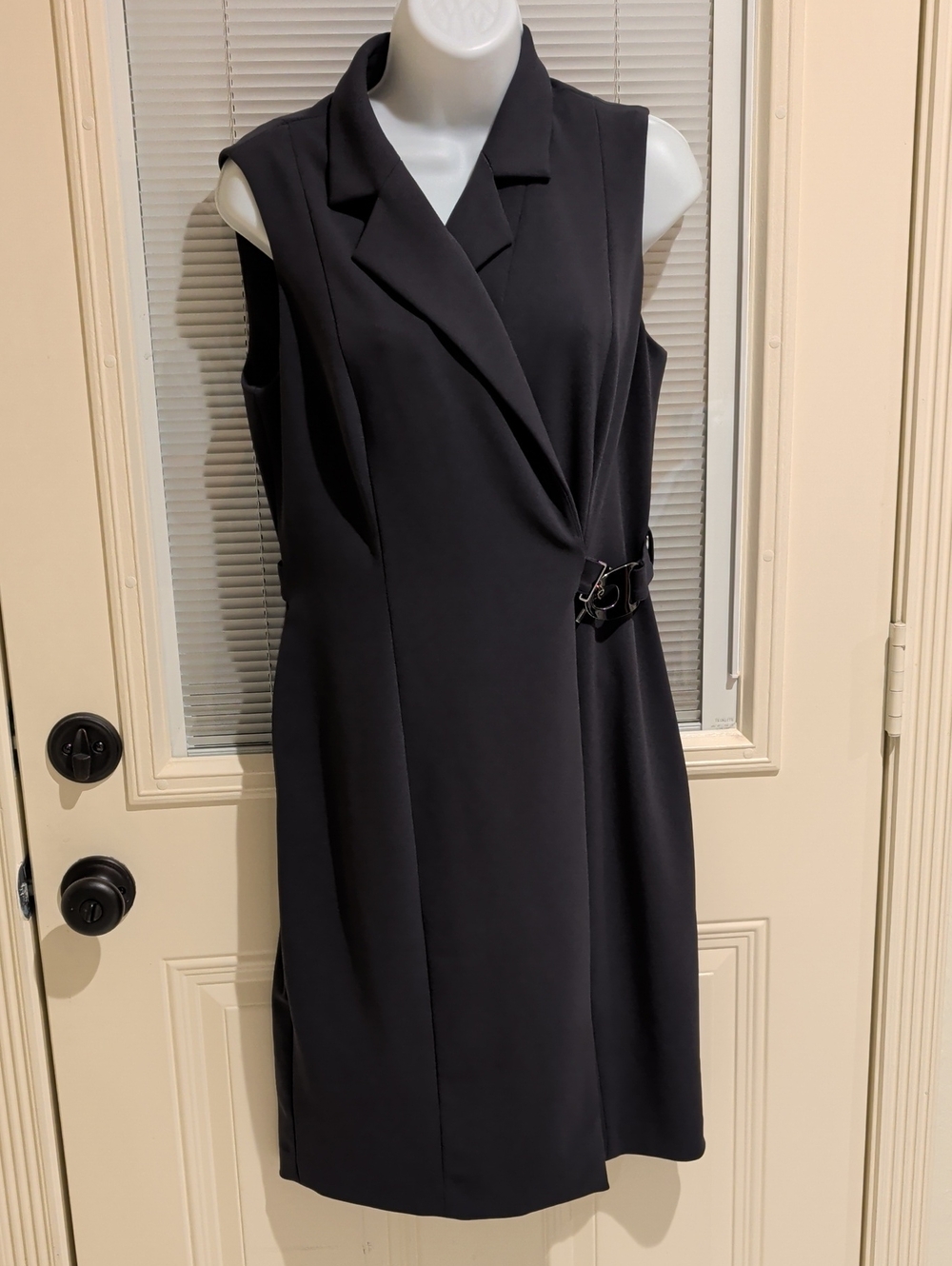 Calvin Klein Sleeveless Black Wrap-Style Shift Dress with Buckle Size 8